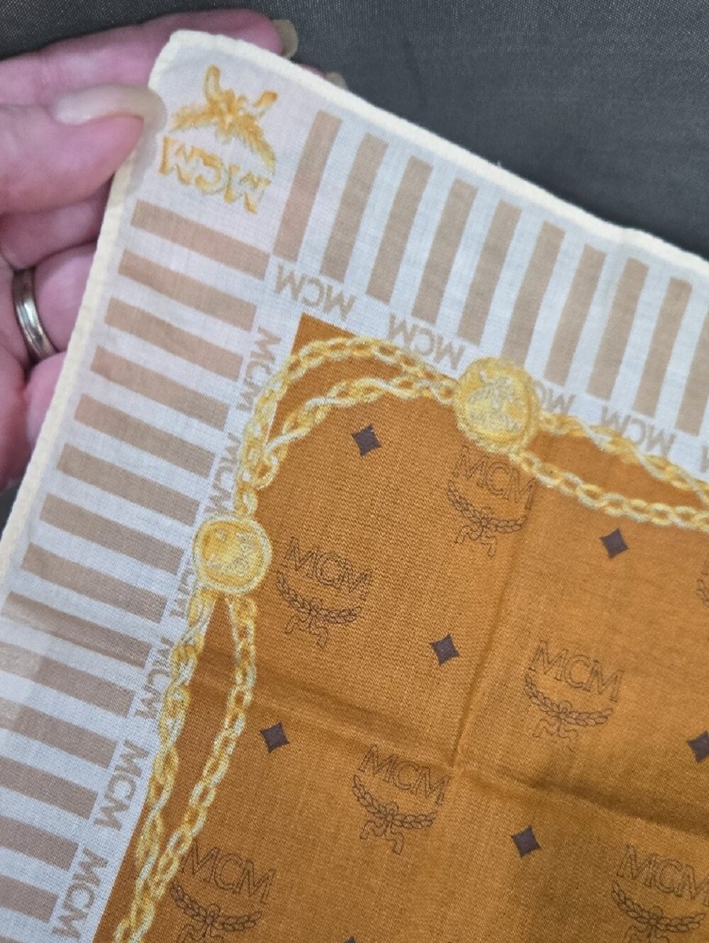 MCM Vintage Gold and Cream Logo Handkerchief Scarf - Picture 3 of 8